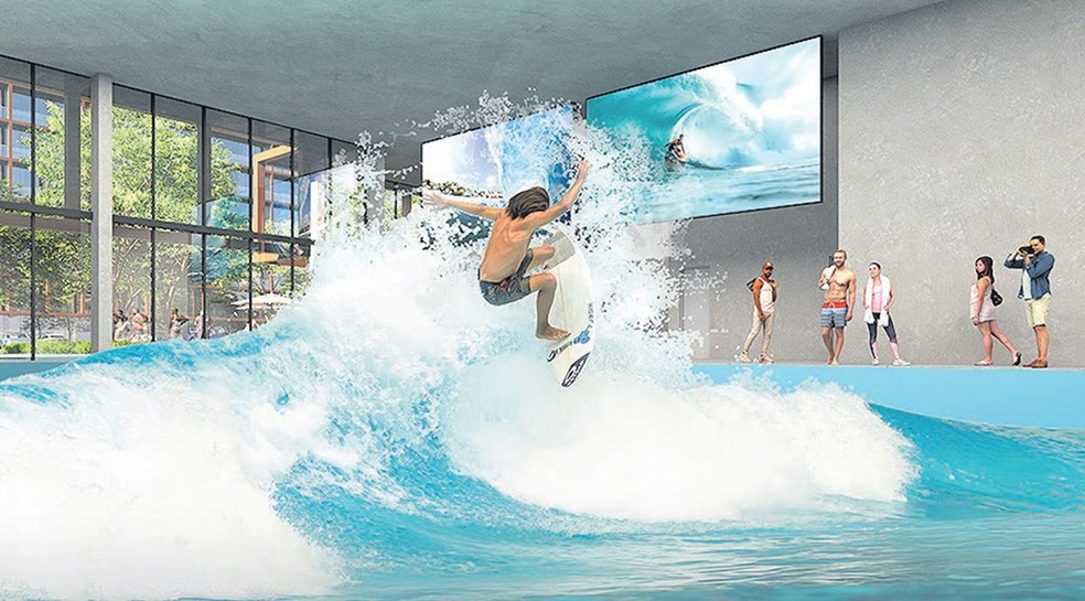 Piscina de ondas para ensinar moradores do Arte Wave a surfar: condomínios com lazer de resort são os preferidos na Barra — Foto: CALPER/DIVULGAÇÃO