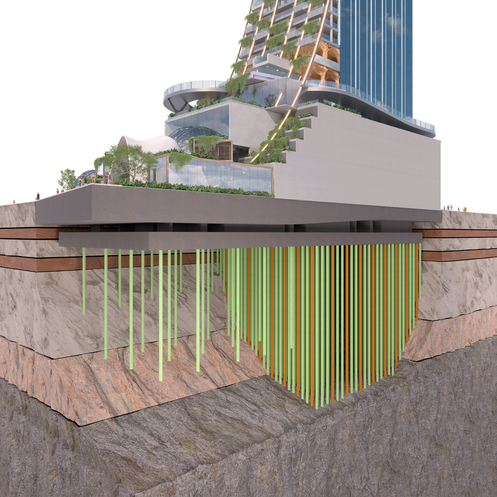 Na fundação do Senna Tower, tecnologia inovadora com 700 estacas garantirão a estabilidade da torre — Foto: FG Empreendimentos/Divulgação
