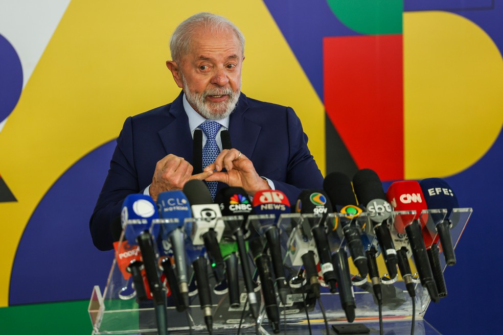 Presidente Luiz Inácio Lula da Silva durante entrevista coletiva no Palácio do Planalto — Foto: Jose Cruz/Agência Brasil