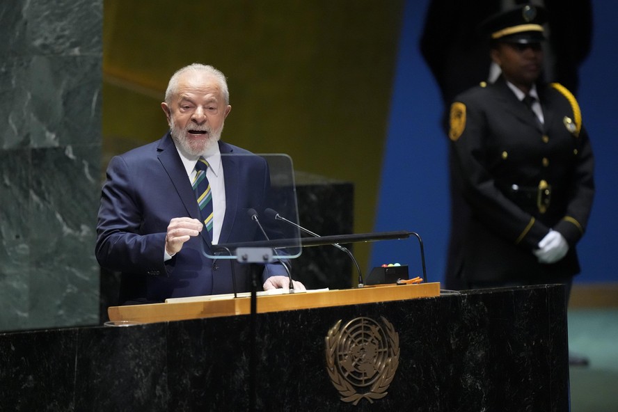 O presidente Luiz Inácio Lula da Silva (PT) durante discurso nesta terça-feira (19) na Assembleia Geral das Nações Unidas (ONU), em Nova York