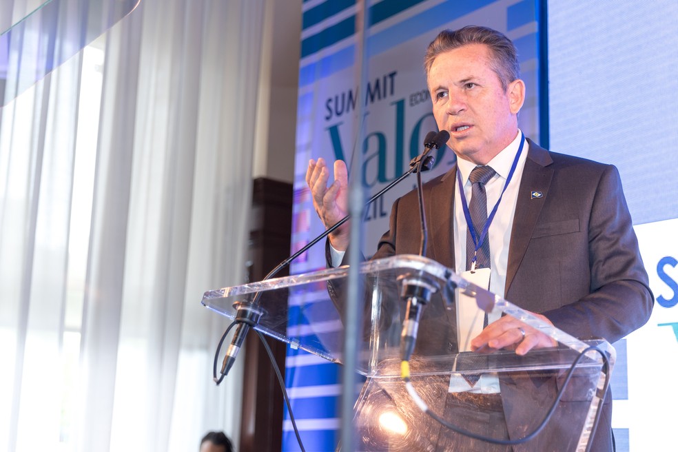 Governador de Mato Grosso, Mauro Mendes, durante apresentação no Summit Valor Econômico Brazil-USA — Foto: Vanessa Carvalho