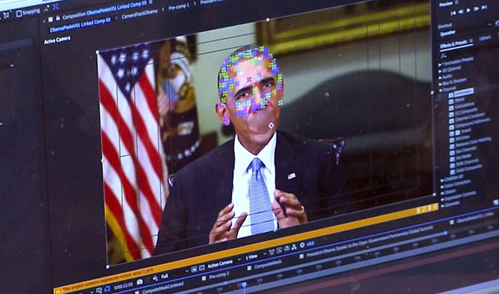 Imagem "fake" de Barack Obama: nova tecnologia de mapeamento facial permite a qualquer um produzir vídeos de pessoas reais dizendo o que nunca falaram — Foto: AP