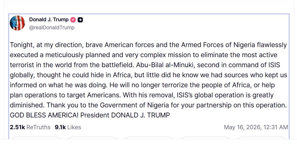 Trump diz que EUA e Nigéria mataram número 2 do Estado Islâmico