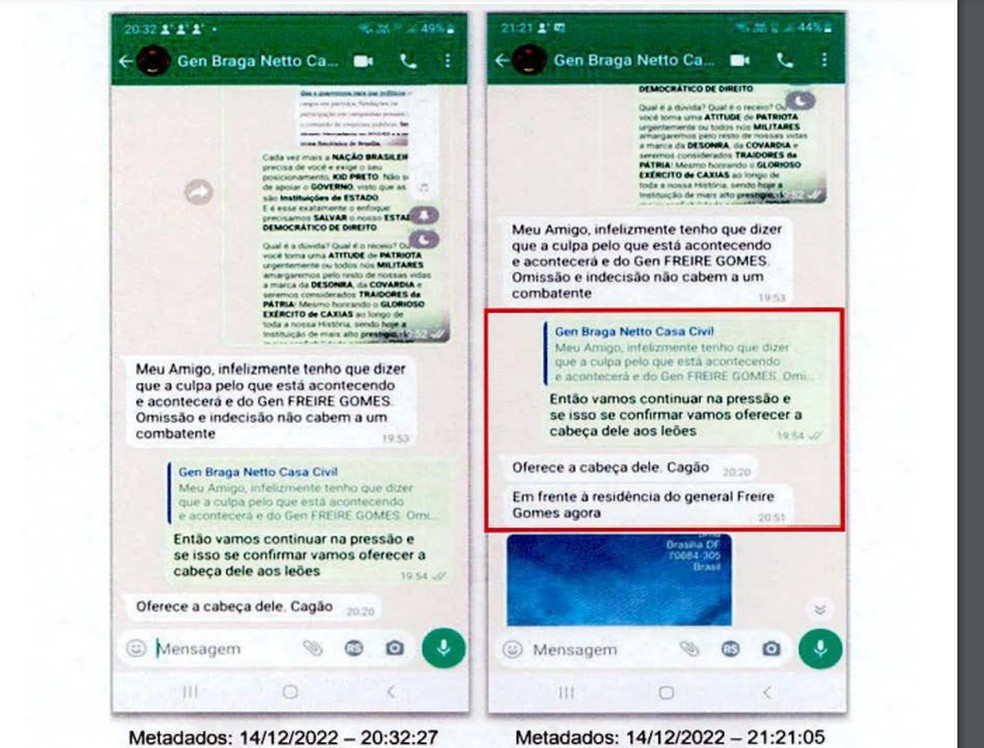 Registros de mensagens de Walter Braga Netto se queixando da falta de apoio a ações para impedir posse de Lula — Foto: Reprodução