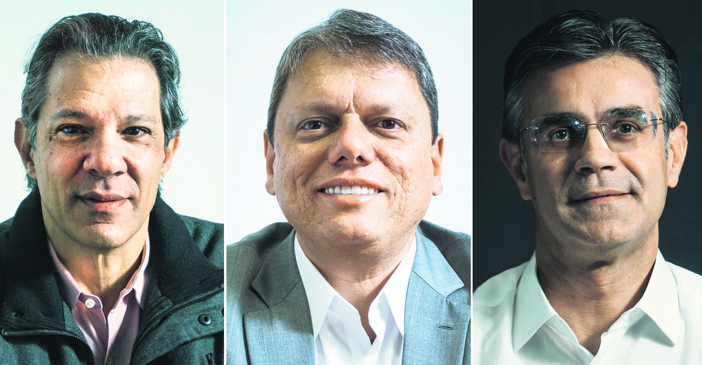 Candidatos ao governo de São Paulo (à partir da esq.) Fernando Haddad, Tarcísio de Freitas e Rodrigo Garcia — Foto: Valor