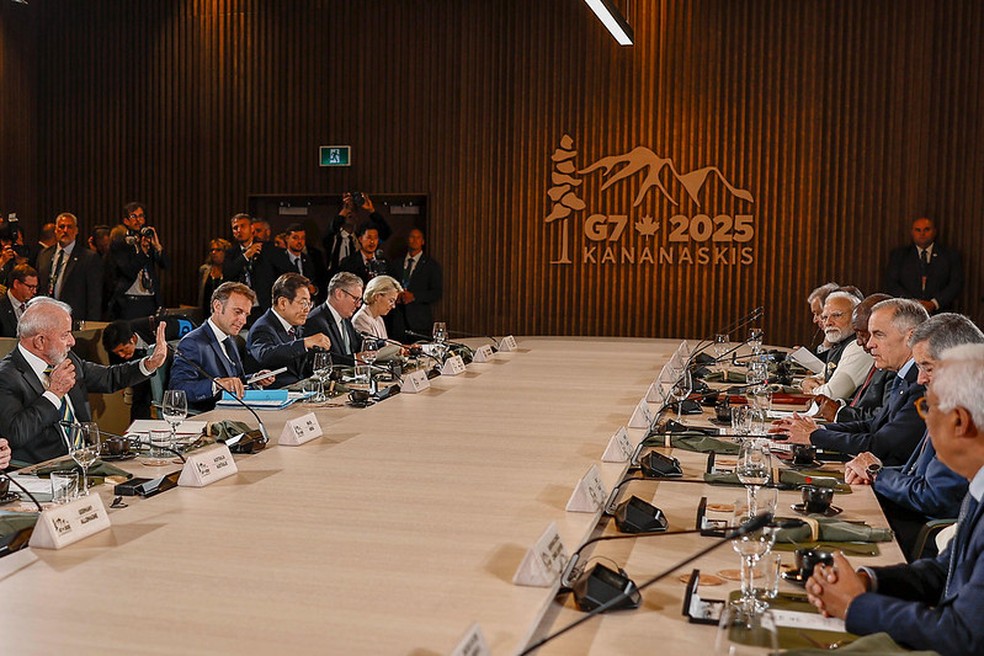 Almoço de trabalho para discutir segurança energética entre os chefes de Estado e de governo dos países do G7 e convidados, entre eles o Brasil, e do qual o presidente da República, Luiz Inácio Lula da Silva, participou, em Kananaskis, Alberta (Canadá) — Foto: Ricardo Stuckert / PR