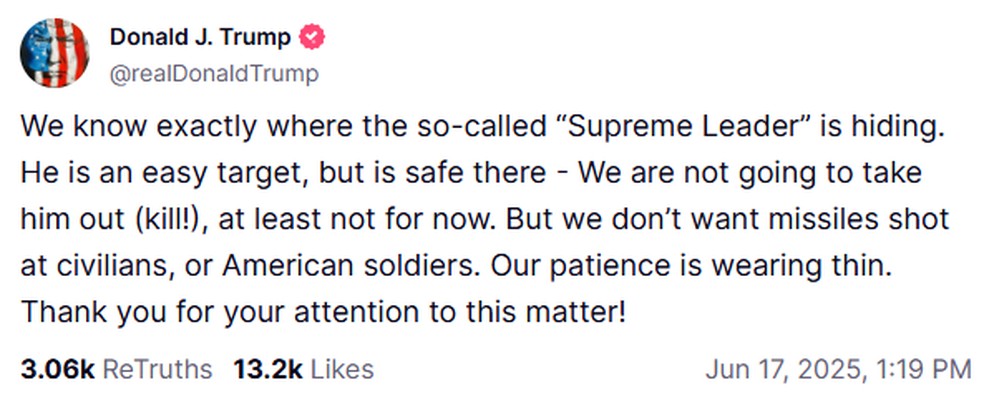 Publicação de Trump em sua rede social, a Truth Social — Foto: Truth Social