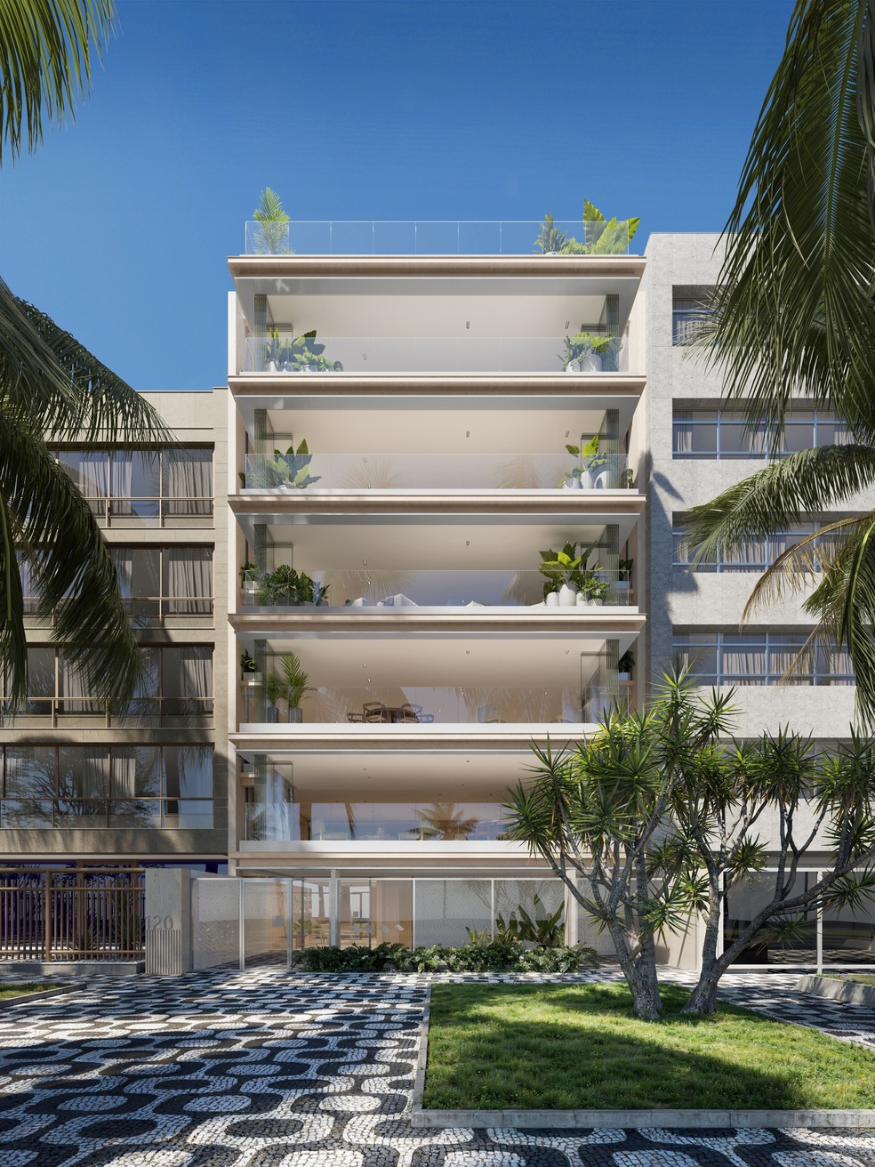 Na valorizada orla do Leblon, o residencial Mar Delfim Moreira se destaca pela exclusividade: apenas seis unidades, uma por andar — Foto: BALASSIANO/DIVULGAÇÃO