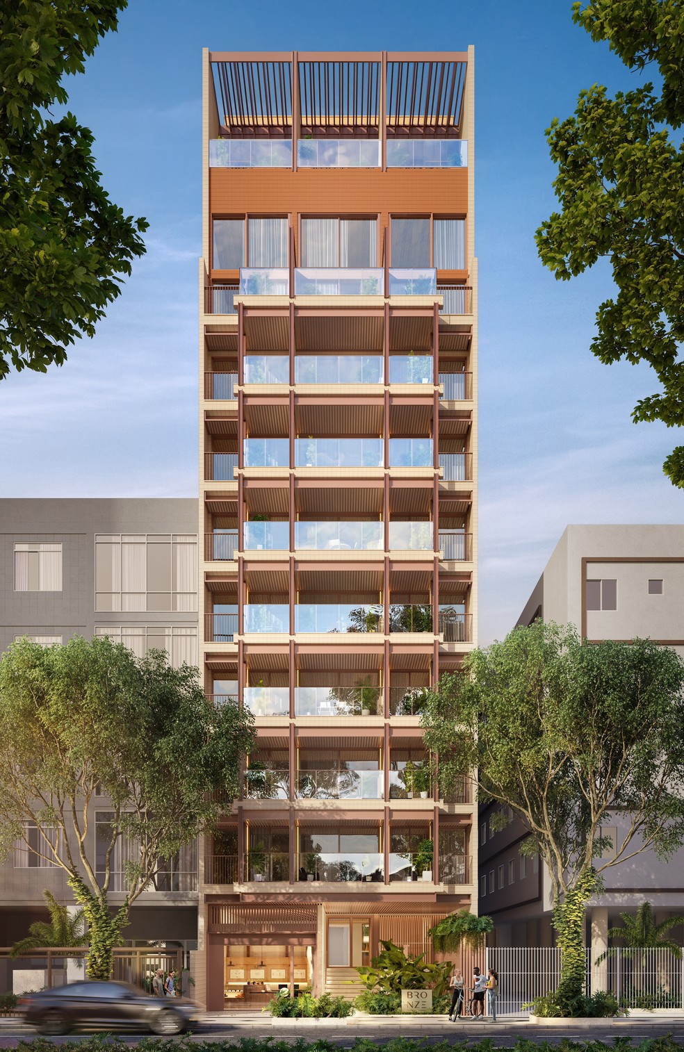 Fachada do Bronze, empreendimento com 72 apartamentos, que é focado em estúdios e apartamentos de quarto e sala — Foto: SAFIRA/DIVULGAÇÃO
