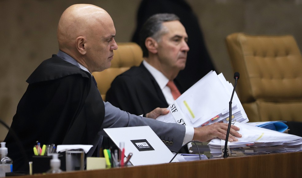 Ministro Alexandre de Moraes durante sessão de julgamento de réus envolvidos no 8 de janeiro — Foto: Rosinei Coutinho/SCO/STF