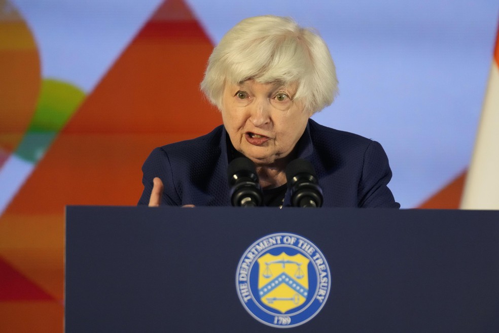 A secretária do Tesouro americano, Janet Yellen — Foto: Aijaz Rahi/AP