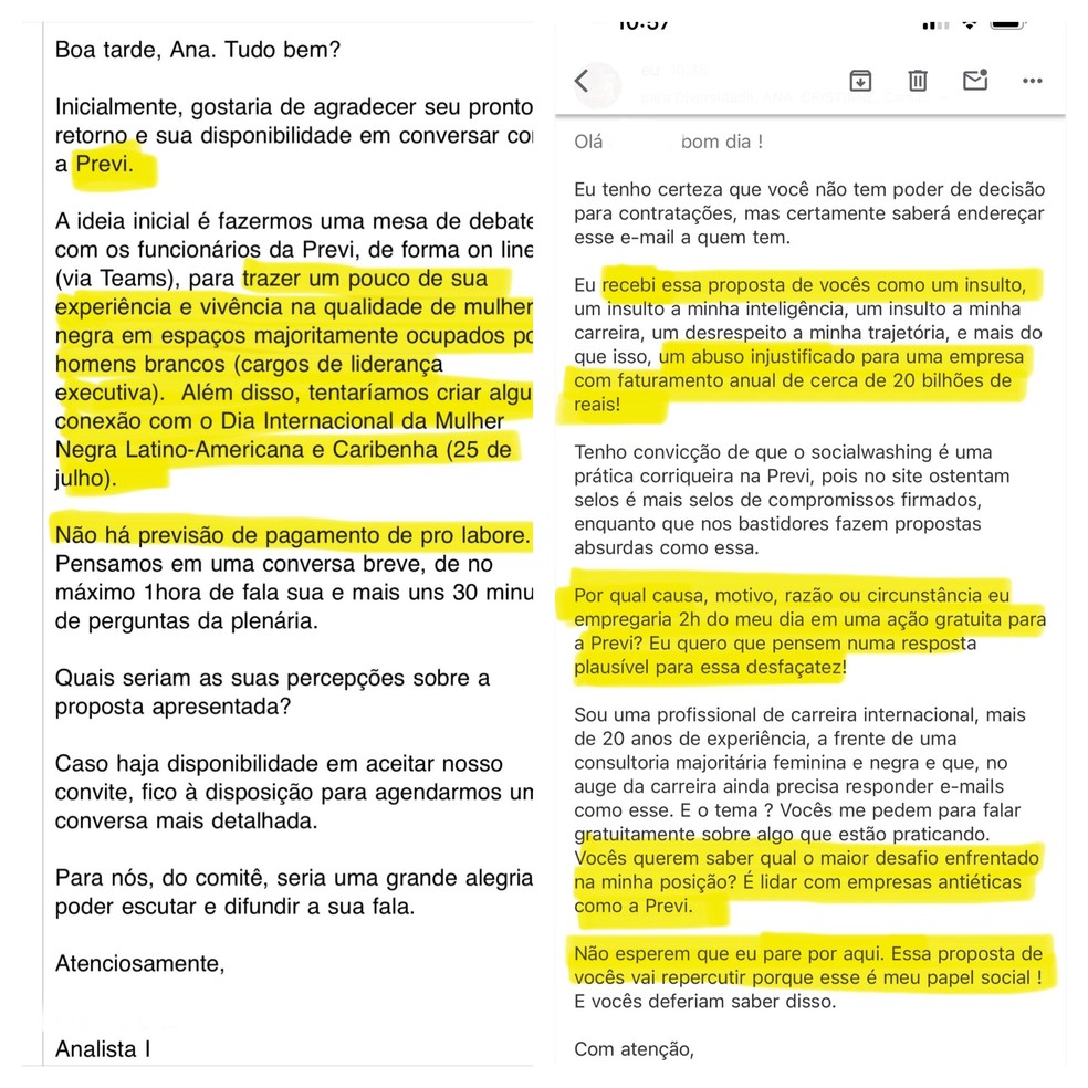 Troca de e-mails entre Ana Bavon e Previ — Foto: Reprodução/LinkedIn