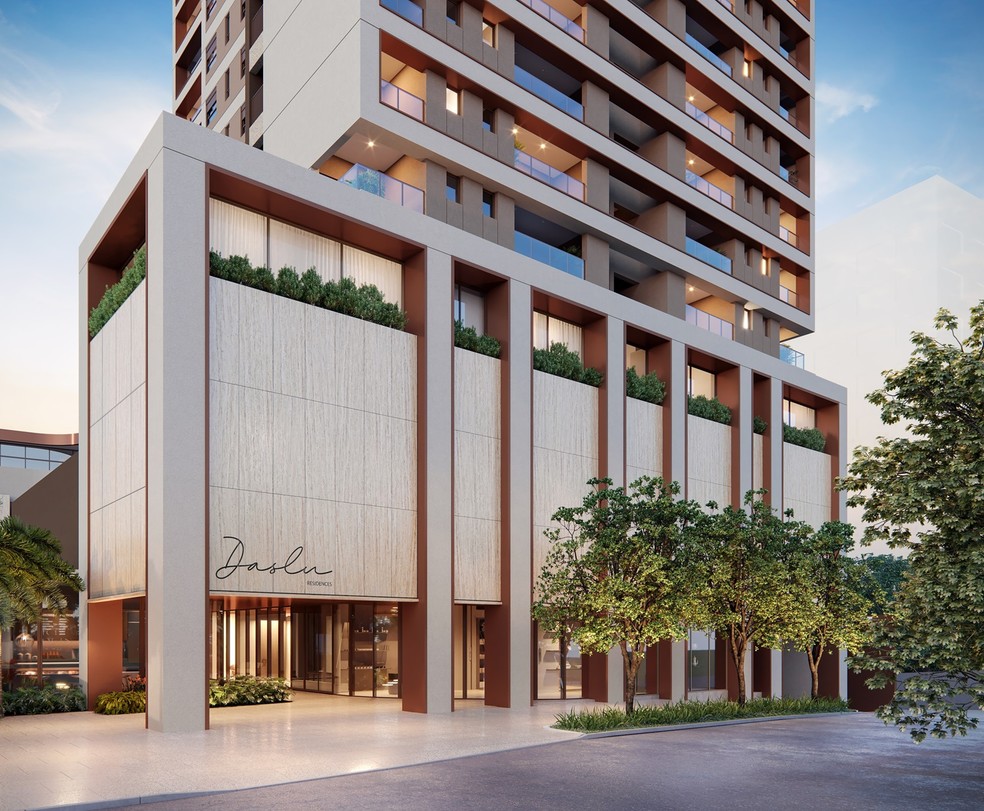 Fachada e boulevard no térreo do Daslu Residences, empreendimento da Mitre — Foto: MITRE RALTY/DIVULGAÇÃO